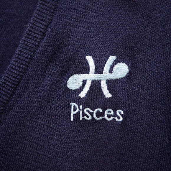 Vintage LeRoy Pisces Sweater Zodiac V-neck Vintage 70s Navy Blue Size Small - Picture 3 of 7